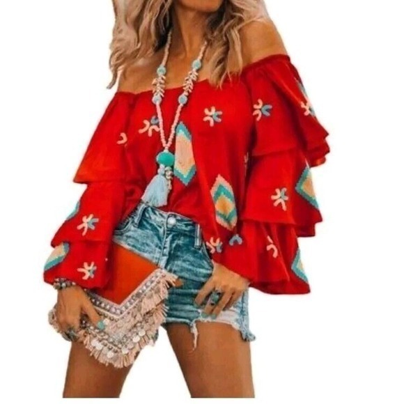 Geo, Aztec Boho Print Off Shoulder Blouse XL - Picture 5 of 9